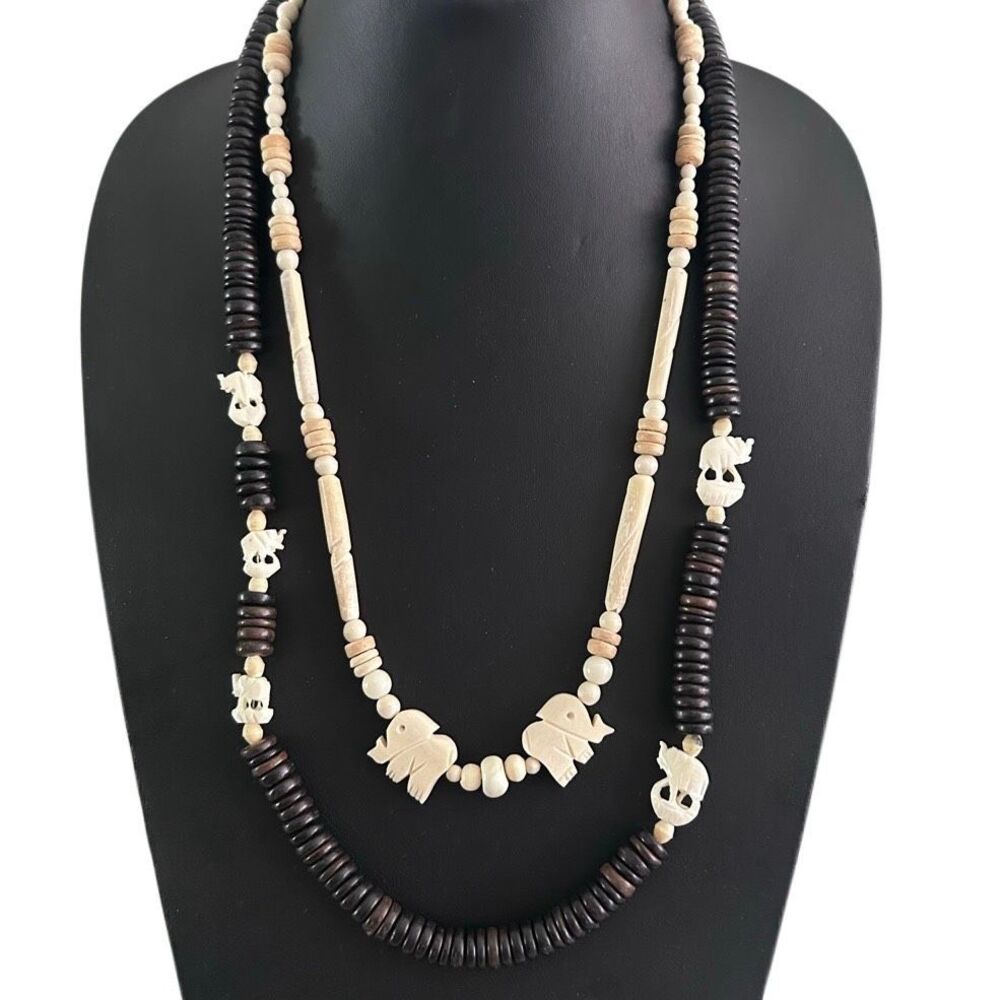 Lot Of 2 Vtg Bohemian-style Beaded Necklaces 29" & 24" Brown Cream Wooden Beads